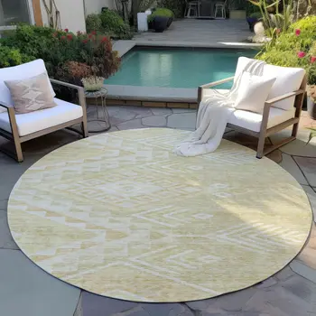 8' Tan And Light Brown Round Southwestern Washable Indoor Outdoor Area Rug