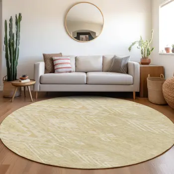 8' Tan And Light Brown Round Southwestern Washable Indoor Outdoor Area Rug