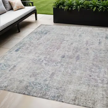 5' X 8' Ivory Blue And Purple Floral Washable Indoor Outdoor Area Rug