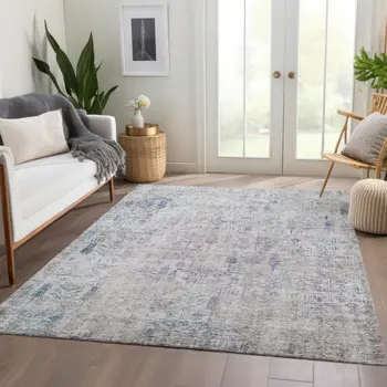 9' X 12' Ivory Blue And Purple Floral Washable Indoor Outdoor Area Rug