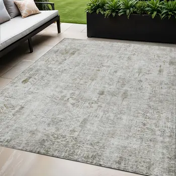 5' X 8' Silver Green And Gray Floral Washable Indoor Outdoor Area Rug
