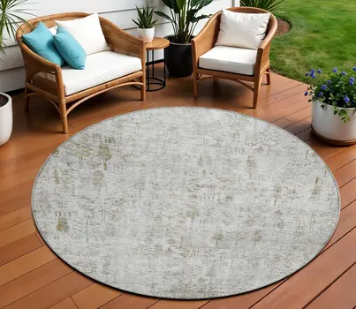 8' Silver Green And Gray Round Floral Washable Indoor Outdoor Area Rug