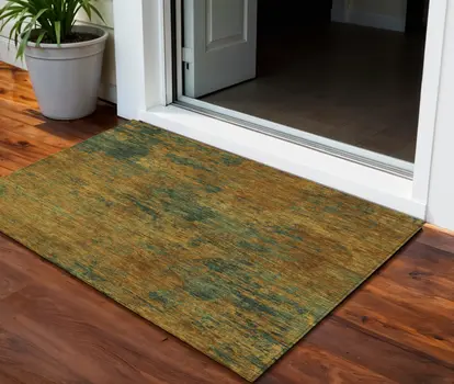 3' X 5' Copper And Green Abstract Washable Indoor Outdoor Area Rug