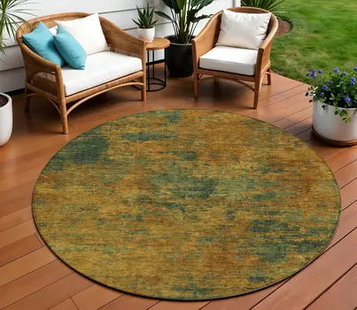 8' Copper And Green Round Abstract Washable Indoor Outdoor Area Rug