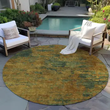 8' Copper And Green Round Abstract Washable Indoor Outdoor Area Rug