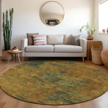 8' Copper And Green Round Abstract Washable Indoor Outdoor Area Rug