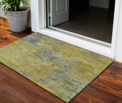3' X 5' Gold Green And Gray Abstract Washable Indoor Outdoor Area Rug