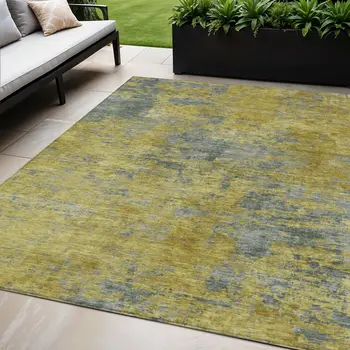 5' X 8' Gold Green And Gray Abstract Washable Indoor Outdoor Area Rug
