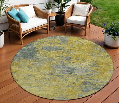 8' Gold Green And Gray Round Abstract Washable Indoor Outdoor Area Rug