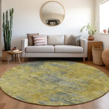 8' Gold Green And Gray Round Abstract Washable Indoor Outdoor Area Rug