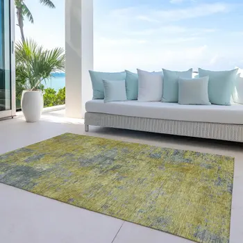 10' X 14' Gold Green And Gray Abstract Washable Indoor Outdoor Area Rug
