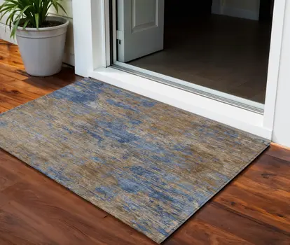 3' X 5' Navy Blue And Brown Abstract Washable Indoor Outdoor Area Rug