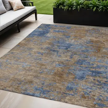 5' X 8' Navy Blue And Brown Abstract Washable Indoor Outdoor Area Rug
