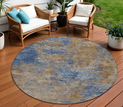 8' Navy Blue And Brown Round Abstract Washable Indoor Outdoor Area Rug