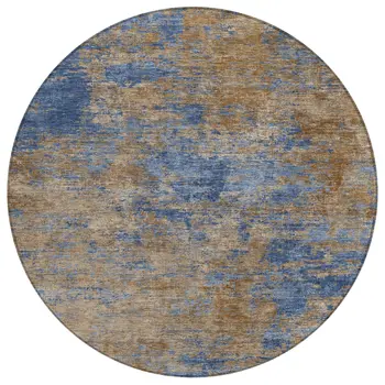 8' Navy Blue And Brown Round Abstract Washable Indoor Outdoor Area Rug