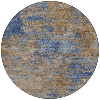 8' Navy Blue And Brown Round Abstract Washable Indoor Outdoor Area Rug
