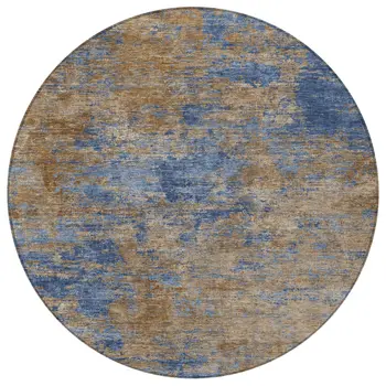 8' Navy Blue And Brown Round Abstract Washable Indoor Outdoor Area Rug