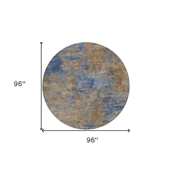 8' Navy Blue And Brown Round Abstract Washable Indoor Outdoor Area Rug