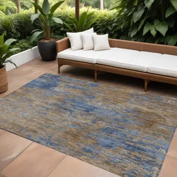 9' X 12' Navy Blue And Brown Abstract Washable Indoor Outdoor Area Rug