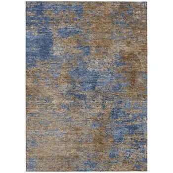 9' X 12' Navy Blue And Brown Abstract Washable Indoor Outdoor Area Rug