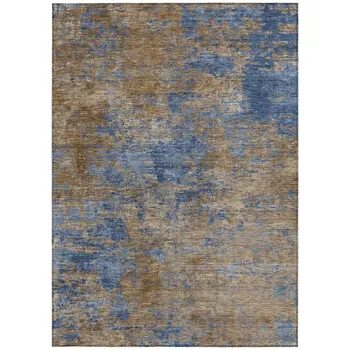 10' X 14' Navy Blue And Brown Abstract Washable Indoor Outdoor Area Rug