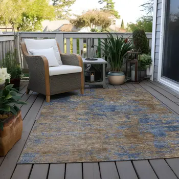 10' X 14' Navy Blue And Brown Abstract Washable Indoor Outdoor Area Rug