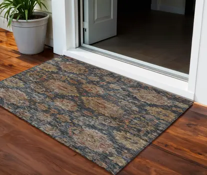 3' X 5' Navy Blue Brown And Terra Cotta Damask Washable Indoor Outdoor Area Rug