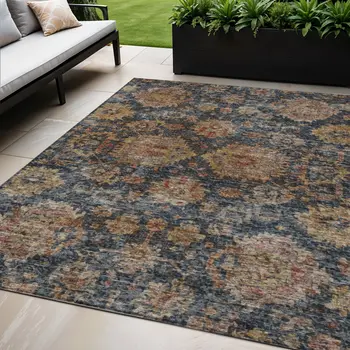 5' X 8' Navy Blue Brown And Terra Cotta Damask Washable Indoor Outdoor Area Rug