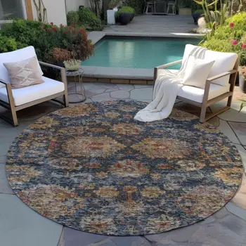 8' Navy Blue Brown And Terra Cotta Round Damask Washable Indoor Outdoor Area Rug
