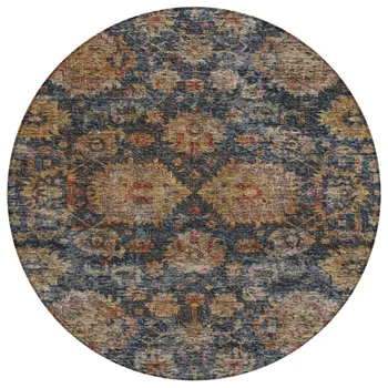 8' Navy Blue Brown And Terra Cotta Round Damask Washable Indoor Outdoor Area Rug