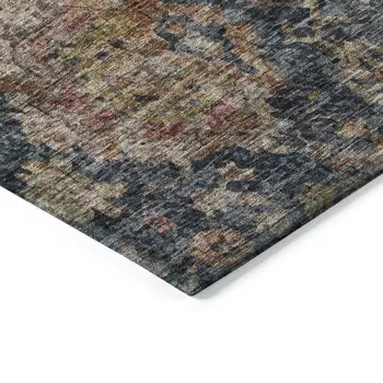 8' Navy Blue Brown And Terra Cotta Round Damask Washable Indoor Outdoor Area Rug