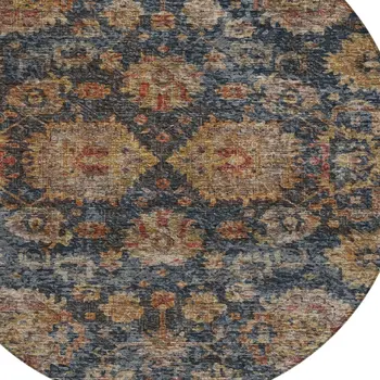 8' Navy Blue Brown And Terra Cotta Round Damask Washable Indoor Outdoor Area Rug
