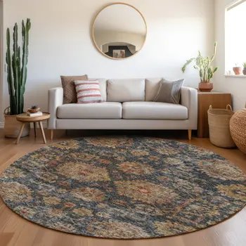 8' Navy Blue Brown And Terra Cotta Round Damask Washable Indoor Outdoor Area Rug