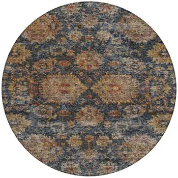 8' Navy Blue Brown And Terra Cotta Round Damask Washable Indoor Outdoor Area Rug
