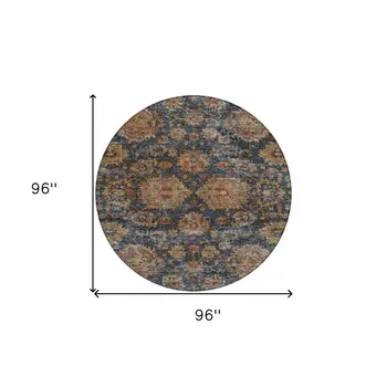 8' Navy Blue Brown And Terra Cotta Round Damask Washable Indoor Outdoor Area Rug