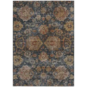 9' X 12' Navy Blue Brown And Terra Cotta Damask Washable Indoor Outdoor Area Rug