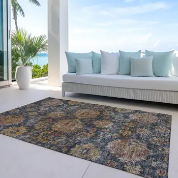 9' X 12' Navy Blue Brown And Terra Cotta Damask Washable Indoor Outdoor Area Rug