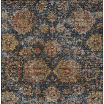 10' X 14' Navy Blue Brown And Terra Cotta Damask Washable Indoor Outdoor Area Rug
