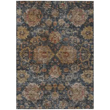 10' X 14' Navy Blue Brown And Terra Cotta Damask Washable Indoor Outdoor Area Rug