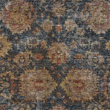 10' X 14' Navy Blue Brown And Terra Cotta Damask Washable Indoor Outdoor Area Rug