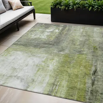 5' X 8' Artichoke Green Ivory And Gray Abstract Washable Indoor Outdoor Area Rug