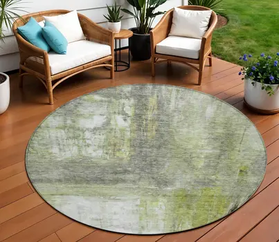 8' Artichoke Green Ivory And Gray Round Abstract Washable Indoor Outdoor Area Rug