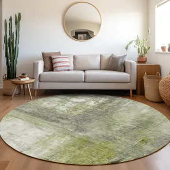 8' Artichoke Green Ivory And Gray Round Abstract Washable Indoor Outdoor Area Rug