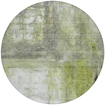 8' Artichoke Green Ivory And Gray Round Abstract Washable Indoor Outdoor Area Rug