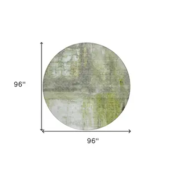 8' Artichoke Green Ivory And Gray Round Abstract Washable Indoor Outdoor Area Rug