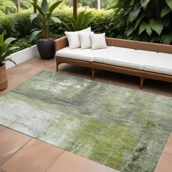 8' X 10' Artichoke Green Ivory And Gray Abstract Washable Indoor Outdoor Area Rug