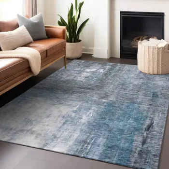 3' X 5' Blue Gray And Ivory Abstract Washable Indoor Outdoor Area Rug