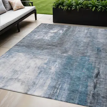 5' X 8' Blue Gray And Ivory Abstract Washable Indoor Outdoor Area Rug