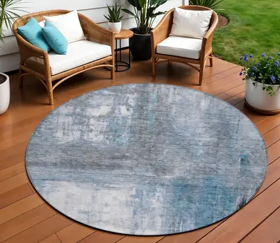 8' Blue Gray And Ivory Round Abstract Washable Indoor Outdoor Area Rug