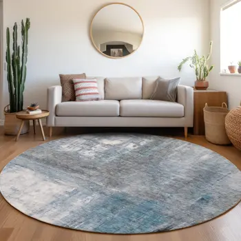 8' Blue Gray And Ivory Round Abstract Washable Indoor Outdoor Area Rug